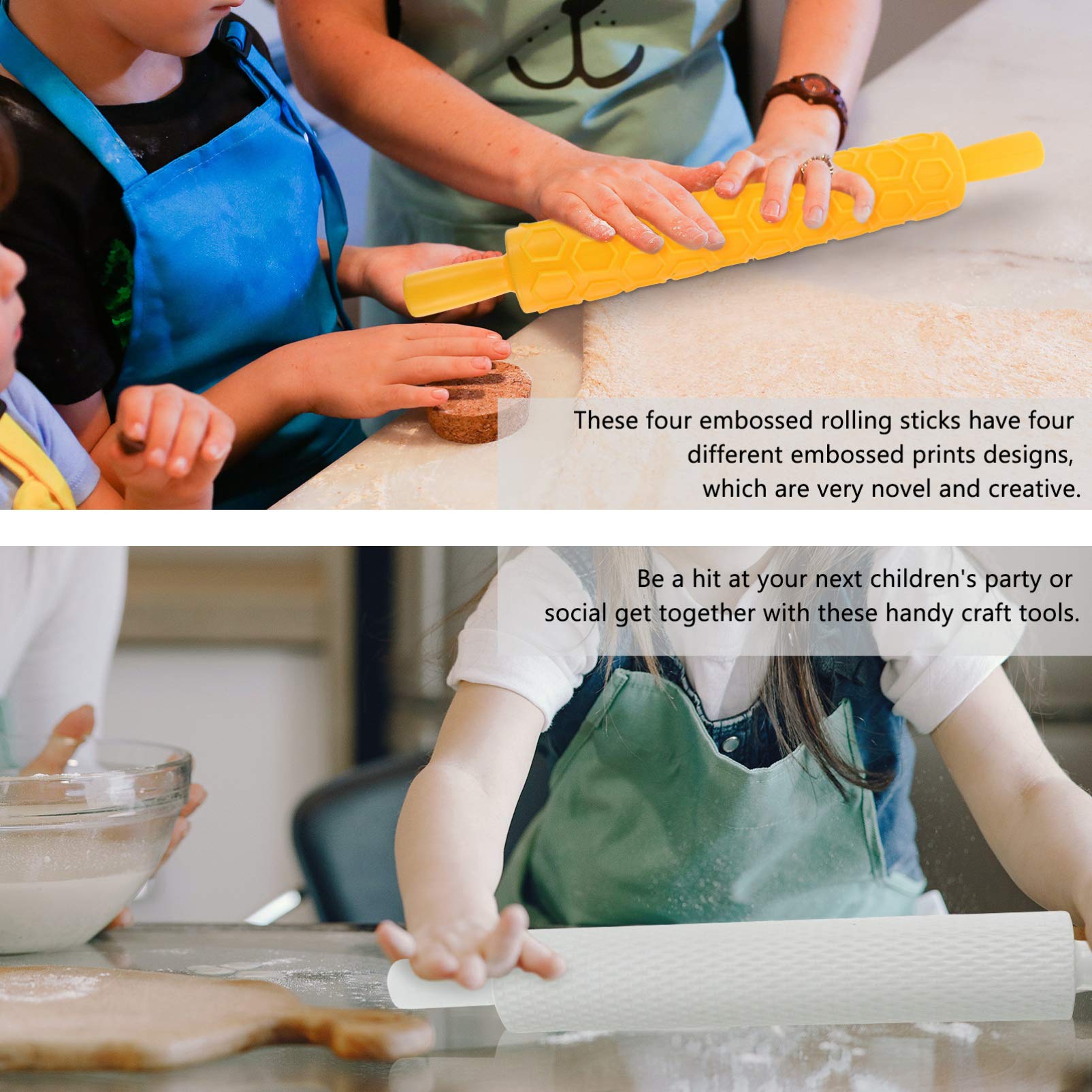 Juego de 4 Rodillos de Amasar Relieve de Plástico para Hacer Galletas y Pasta, Material Plástico de Grado Alimenticio, para Hornear y Utensilios de Repostería en Fiestas Infantiles
