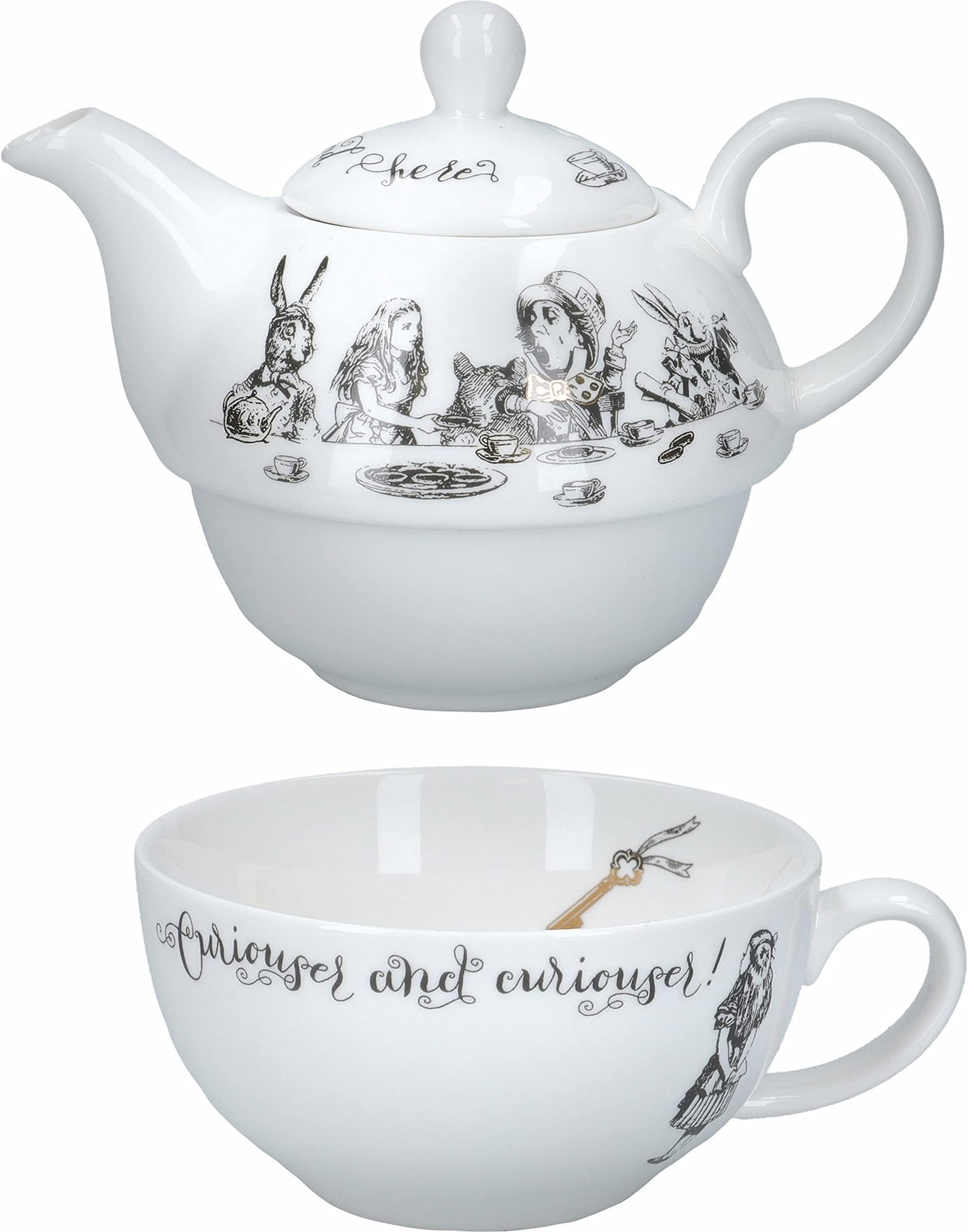 V&A Alice in Wonderland Teapot and Cup Set For 1 in Gift Box, Fine China Tea Set, White, 250 ml