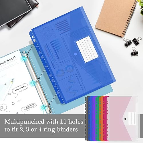 Miniatura 8 de Paquete de 14 sobres de plástico con 11 agujeros, carpetas expandibles para documentos de 234 anillos con botón a presión y etiquetas, hojas
