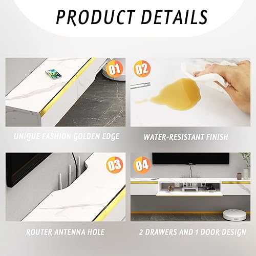 Miniatura 7 de Pmnianhua Estante flotante de TV con cajones, consola de TV de madera blanca para dormitorio y sala de estar, montaje en pared con 2 cajones y 1