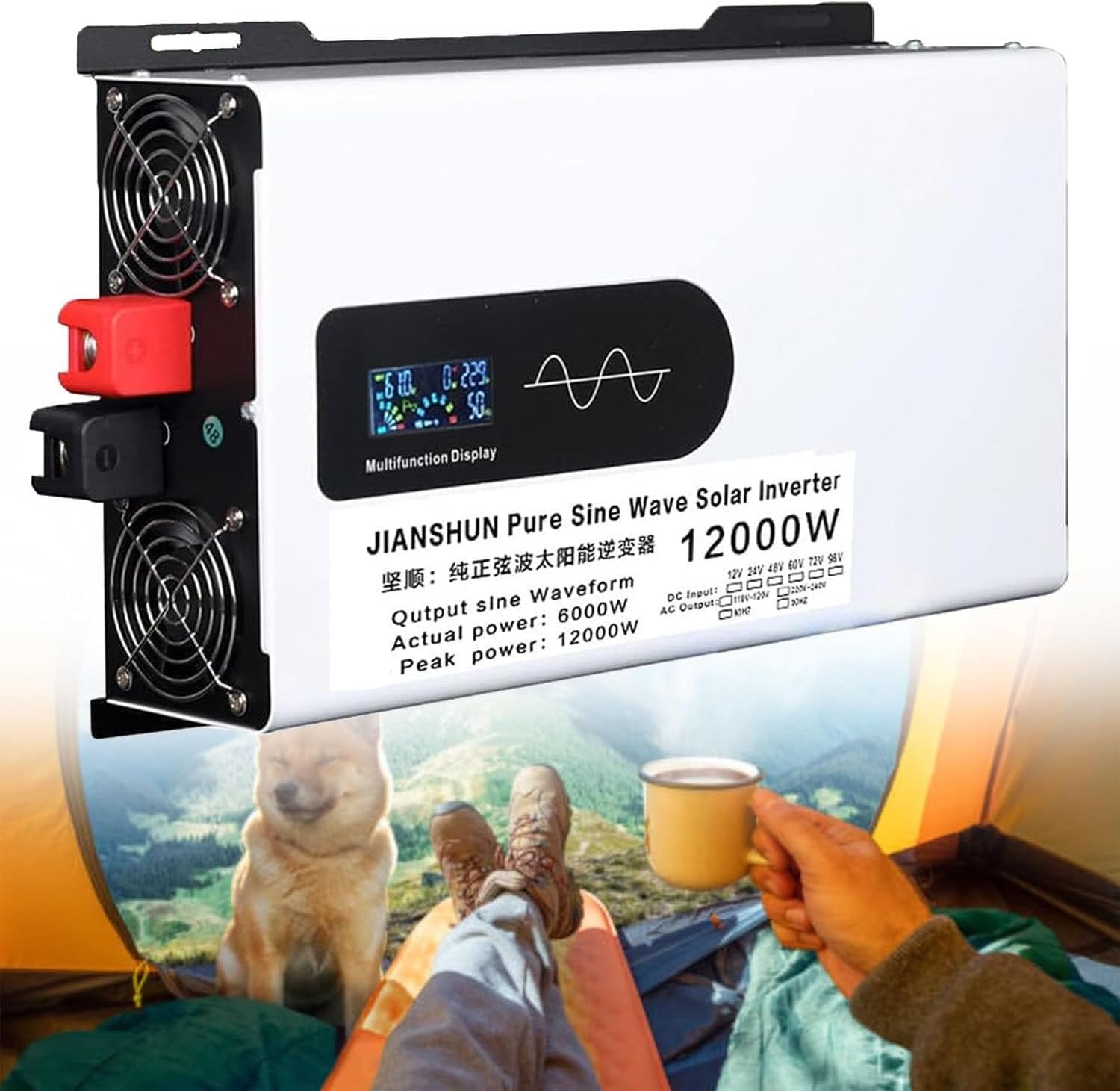 2026 Upgraded 12000W Pure Sine Wave Inverter, DC 12V/24V/48V/60V/72V/96V to AC, LCD Display, Ideal for RV, Boat, Laptop, Camping, High-Power Car Inverter