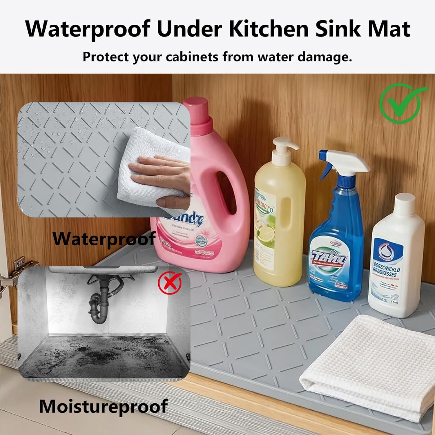 Mateeylife Under Sink Mats for Kitchen Waterproof 34"X22", Undersink Protectors，Silicone Mat Cabinet Liner, Under Sink Organizer for Bathroom and Kitchen，Boot Tray Pet Food Mat, Light Grey