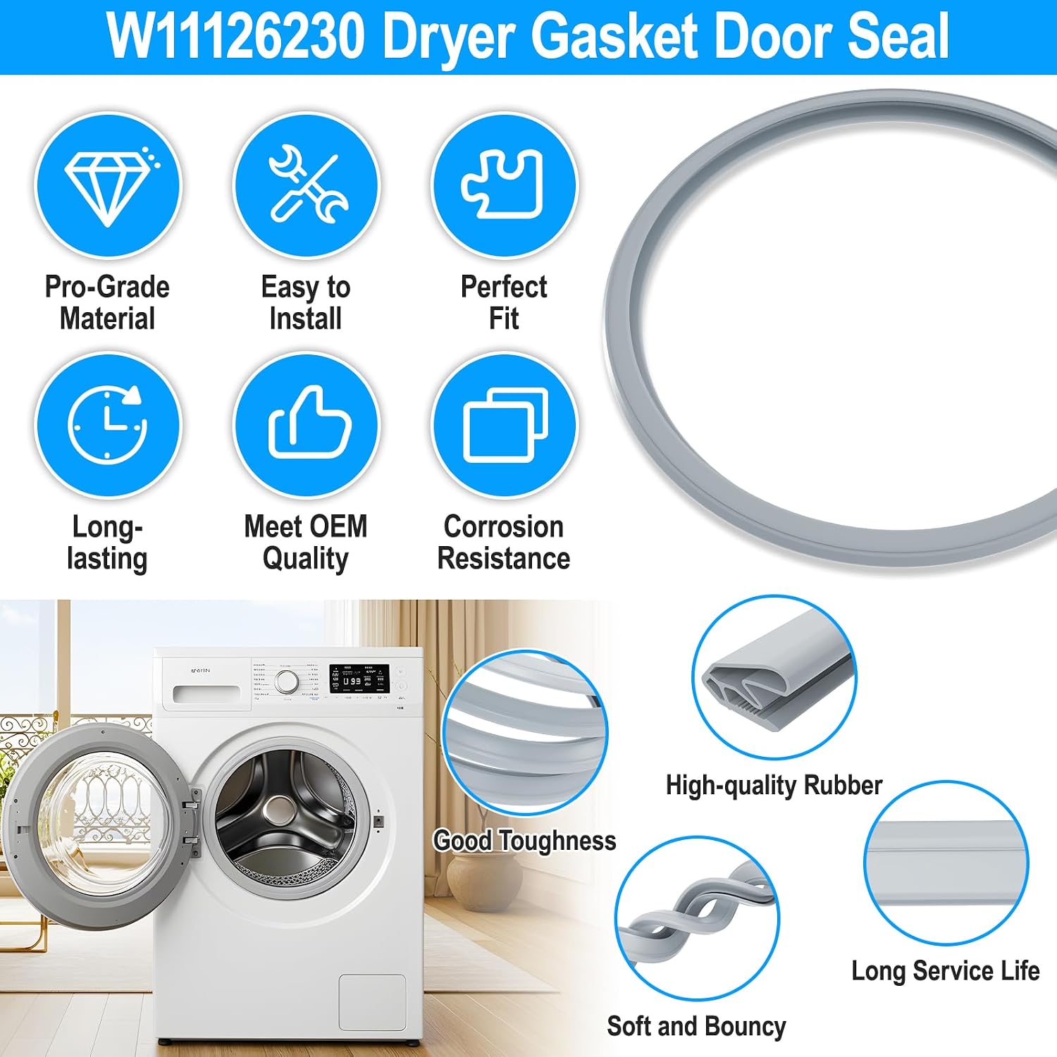 UPGRADED W11126230 W10272397 Dryer Door Glass Seal Gasket Compatible with Whirlpool Maytag Amana Dryer Part W10329710 WED75HEFW1 WED85HEFW1 MED5500FW1,W11126230 Whirlpool Dryer Gasket Rubber Door Seal