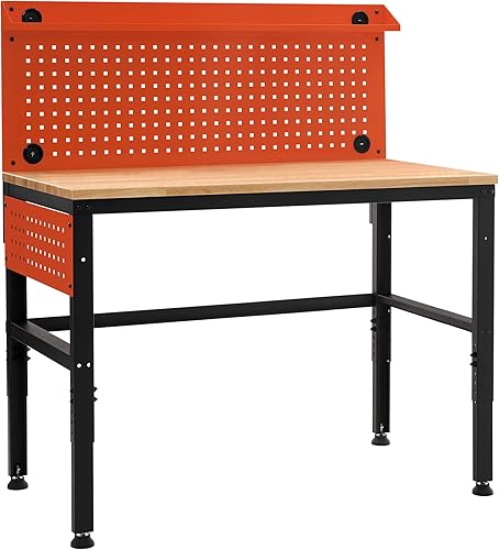 MCombo Banco de trabajo ajustable con mesa de madera maciza para garaje, mesa de trabajo de acero con 2 tableros de clavijas Bench48 (naranja)