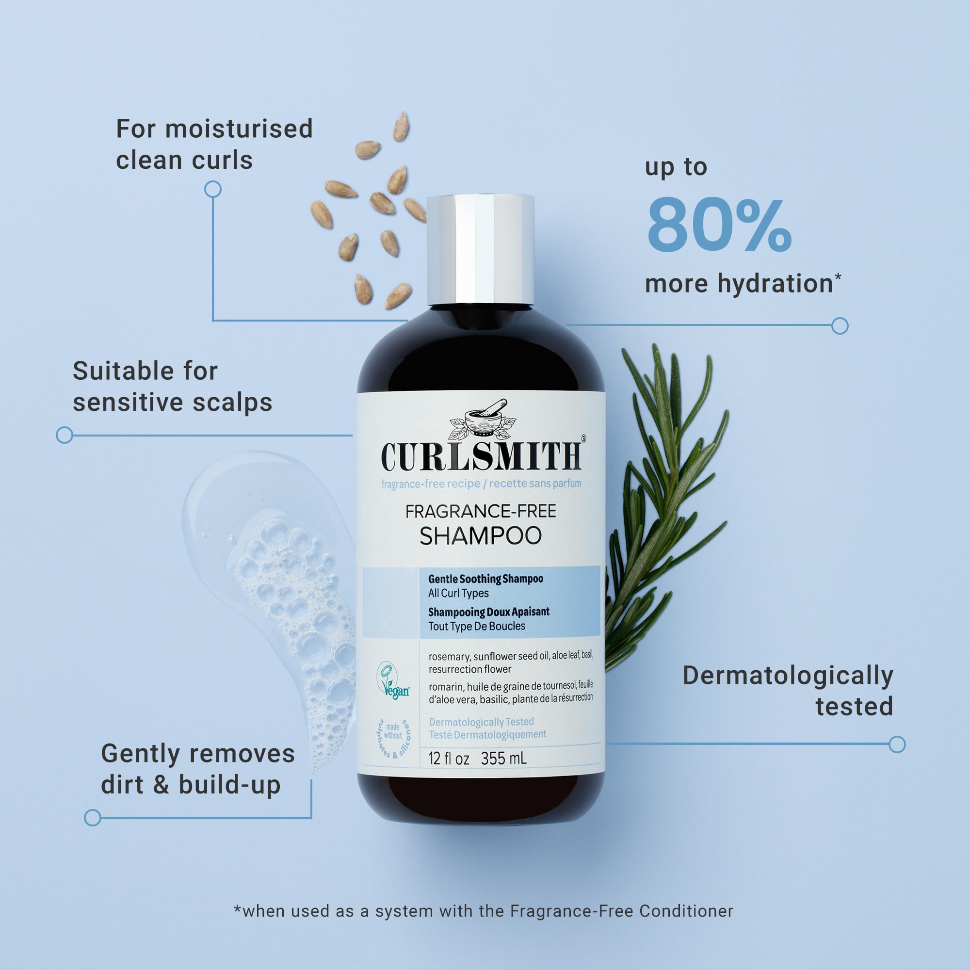 CURLSMITH Fragrance-Free Shampoo - Gently Cleanses Hair, Leaves Curls Feeling Silky and Moisturized (12 oz)