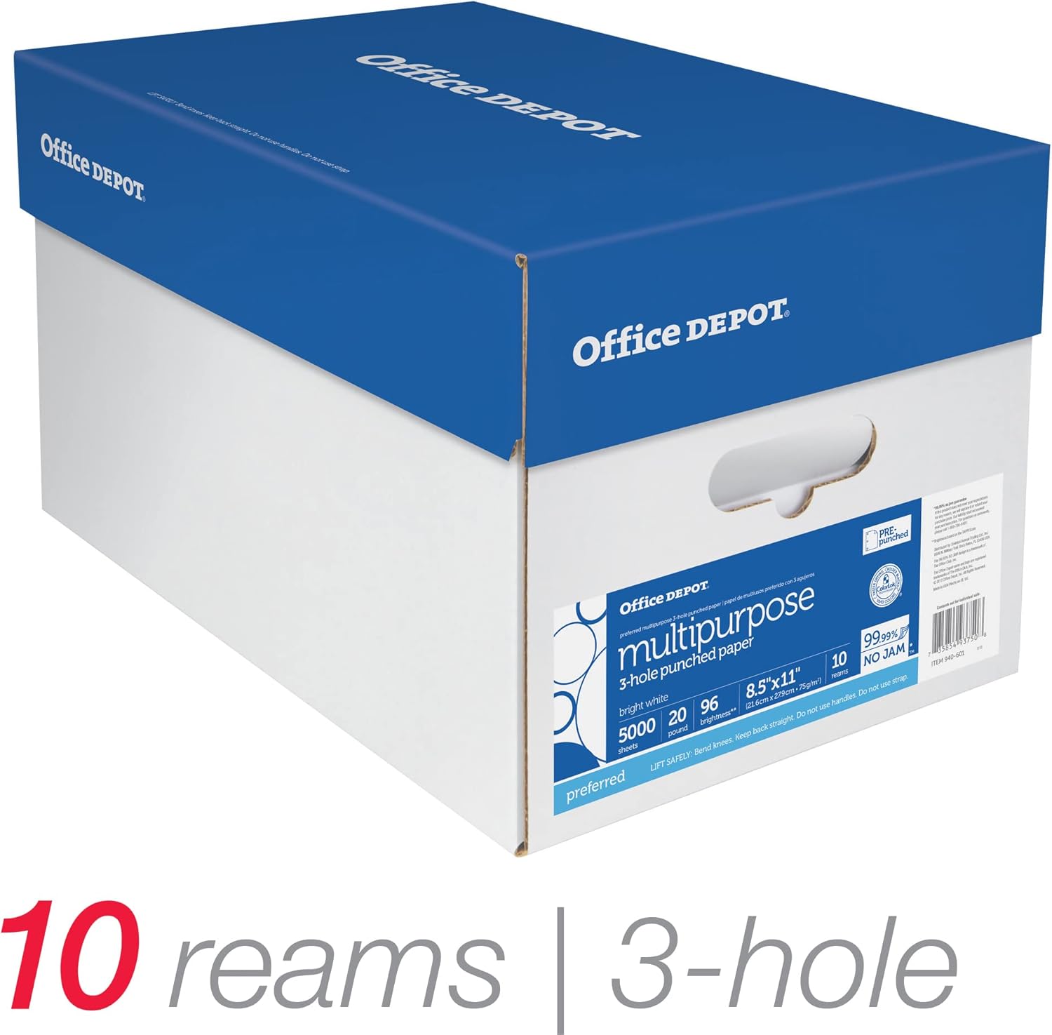 Office Depot Extra Bright Copy Paper, 3-Hole Punched, 8 1/2in. x 11in., 20 Lb., 90 Brightness, Case Of 10 Reams