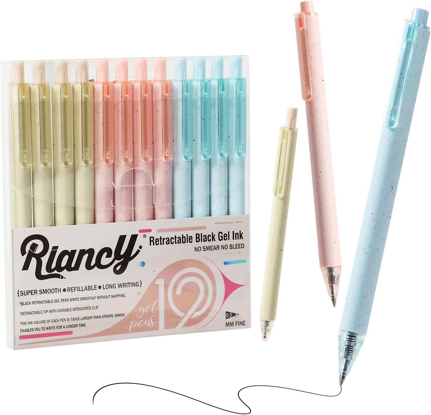 RIANCY 12 Pack Pastel Gel Ink Pen Set Cute Note Taking 0.5mm Fine Point Retractable Black Ink Pink Pens for Writing, School, Office Supplies