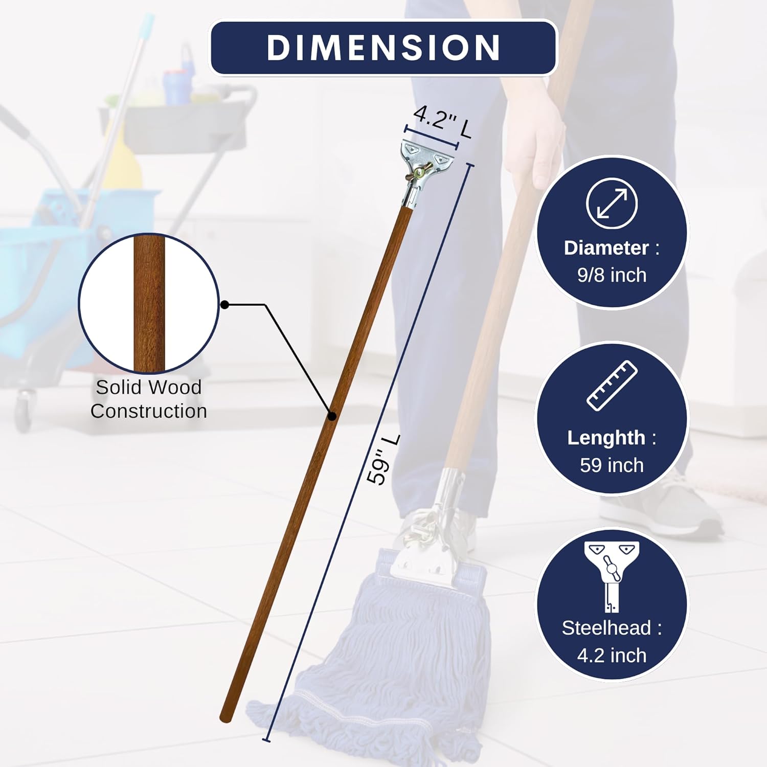 59" Mop Claw Clamp Commercial Mop Handle Pack of 2 Industrial Mop Steelhead with Wooden Handle Wet Mops for Floor Cleaning Heavy Duty (Mops not Included)