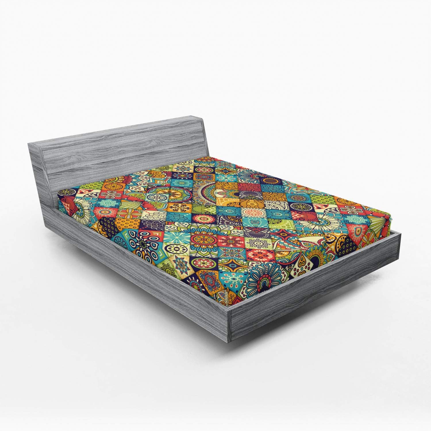 Ambesonne Bohemian Fitted Sheet, Geometric Pattern Ornamental Floral Folk Art Abstract, Bed Cover with All-Round Elastic Deep Pocket for Comfort, Queen Size, Multicolor