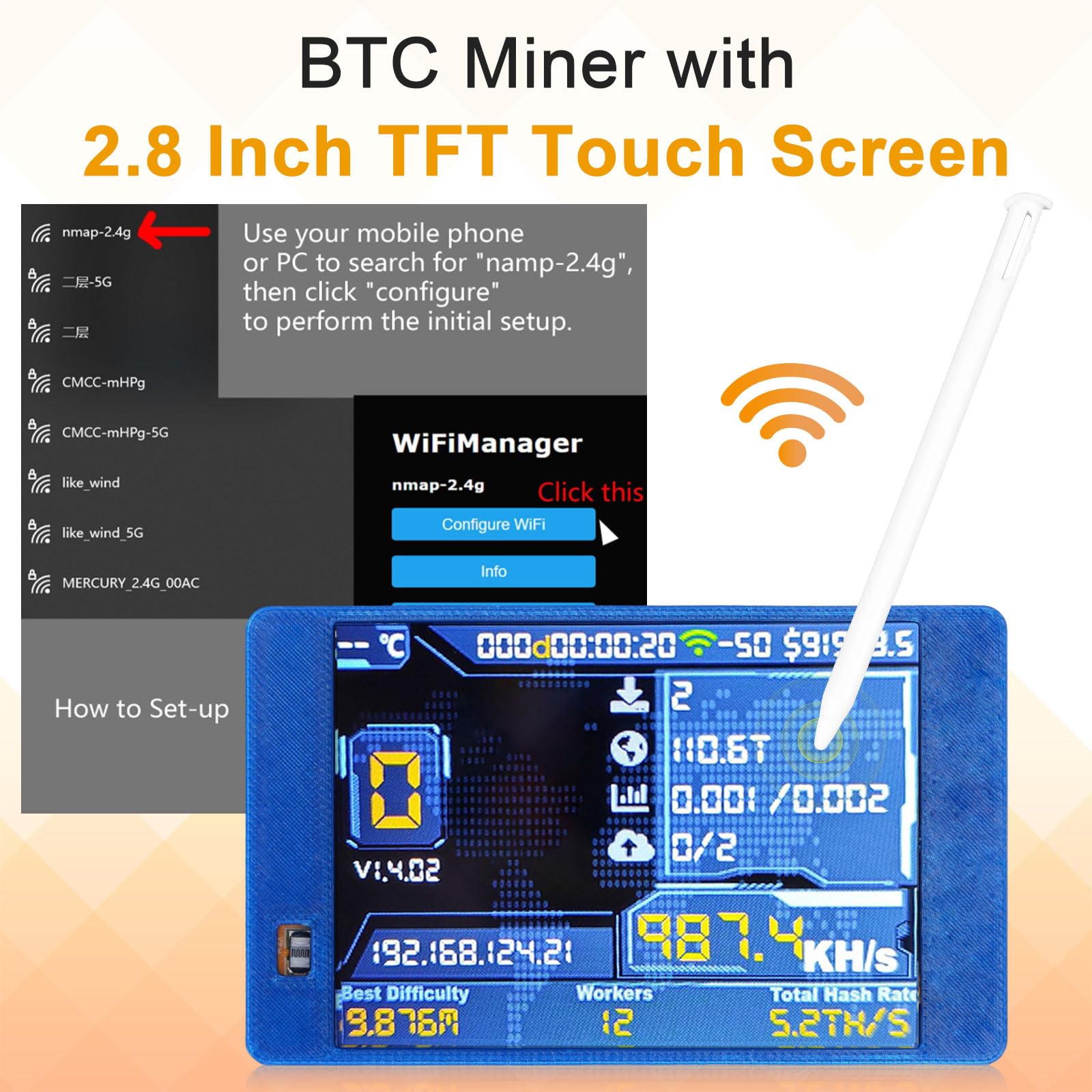 V2 Mining Bitcoin mit Blau Gehäuse, BTC Miner mit 2.8" TFT ESP32 Display,Hashrate 980KH/s BTC Solo Lottery Bitcoin-Miner Crypto Lottery-Miner