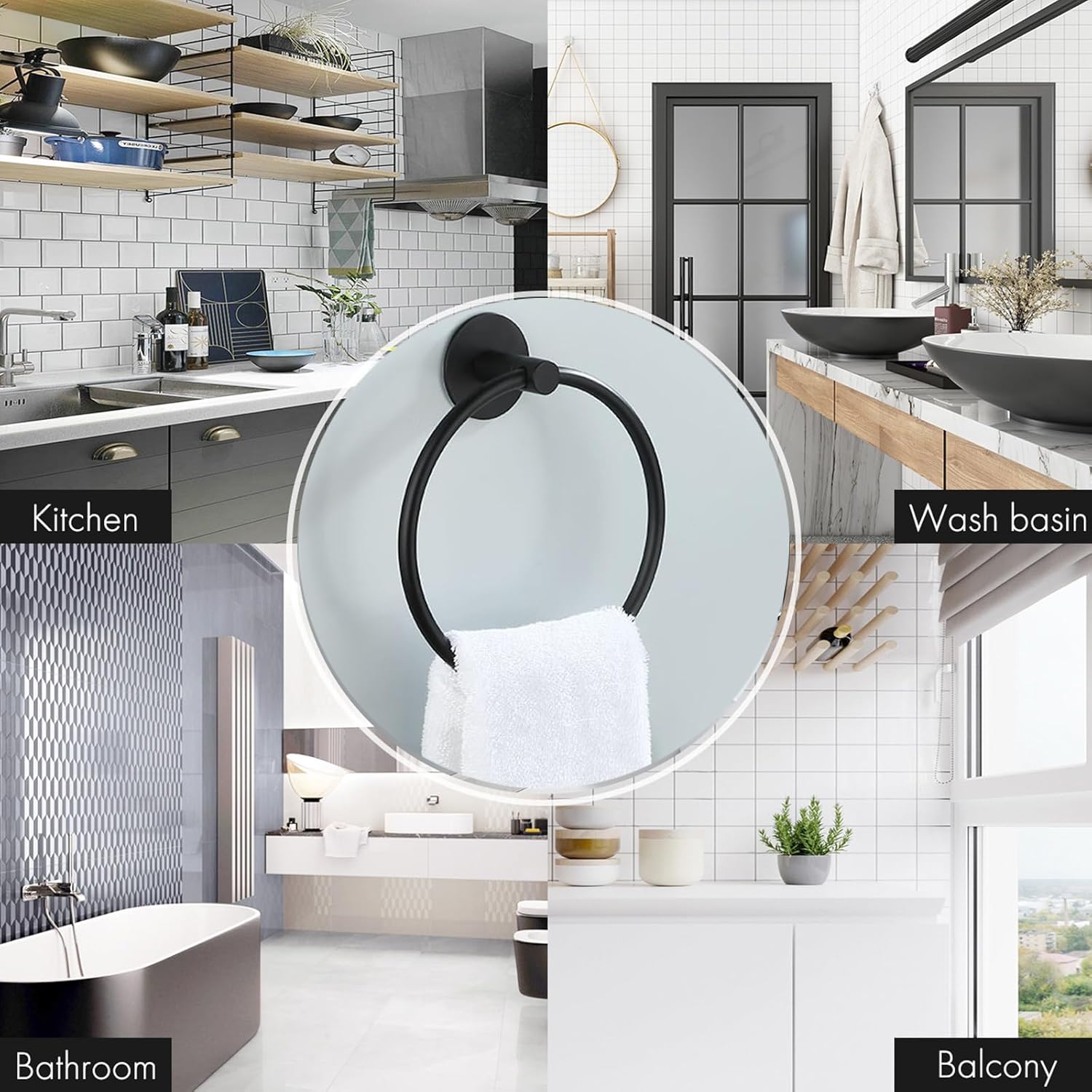 Black Towel Ring, 180° Swivel Hand Towel Holder 304 Stainless Steel Towel Ring Self Adhesive Towel Rail Anti-Rust Towel Rail Wall Mounted Towel Rings for Bathrooms Round Towel Hanger