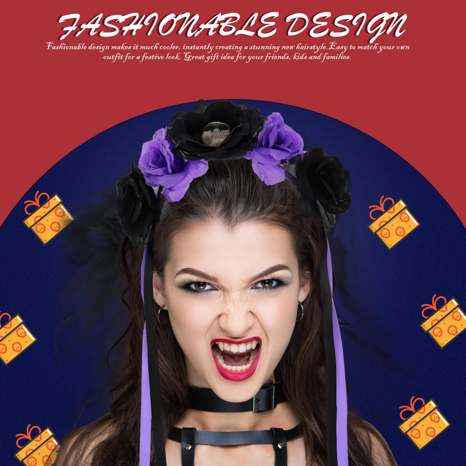 Beaupretty Halloween Skull Headband with Rose Flower Day of the Dead Hair Accessory for Party Costume and Bride Headdress - Image 4