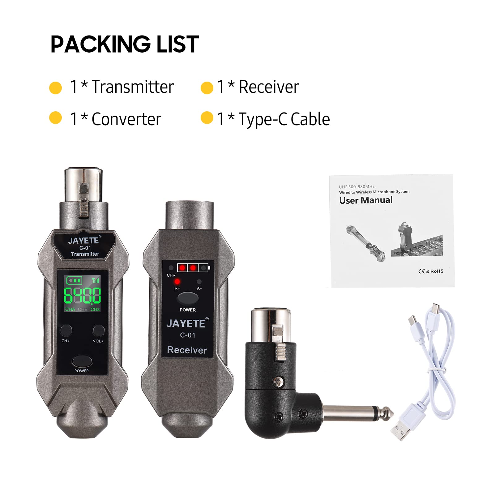Btuty UHF Convertitore da microfono cablato a wireless Microfono Trasmettitore e ricevitore Compatibile con microfono dinamico/condensatore