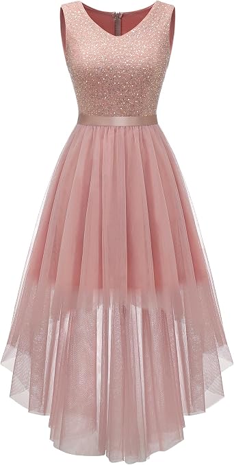 Formal Sequin Tulle Dress High Low Fit Flare Prom Homecoming Blush S | Glitter Sequin Sleeveless Bodice with Tulle Midi High Low Skirt, Ideal for Cocktail, Evening Party and Celebration Events