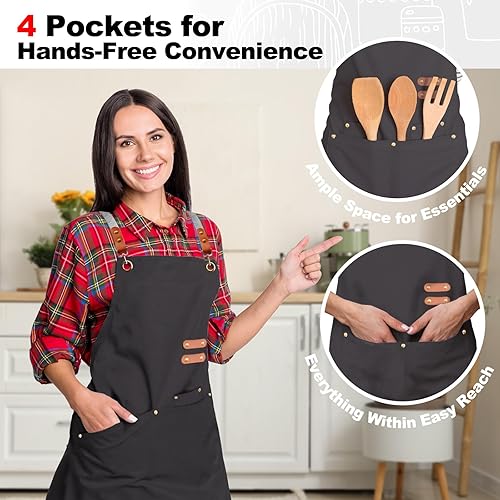 Miniatura 6 de Delantal de chef con pechera para hombre y mujer, correas cruzadas en la espalda con 4 bolsillos para cocina, jardinería, trabajo
