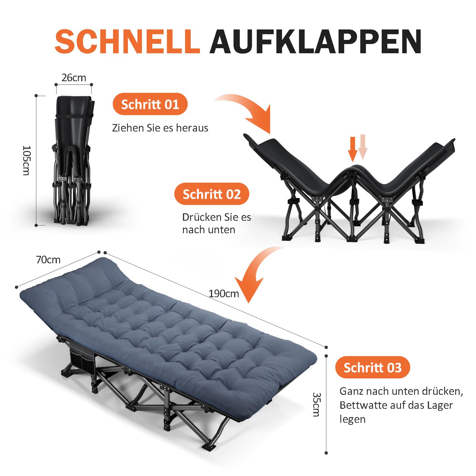 ATORPOK SHOP Campingbett feldbett klappbar, Faltbar Gästebett bis 200 kg für,mit Seitentasche, tragbares Campingliege，Outdoor, Garten, Reisen, Camping, Indoor
