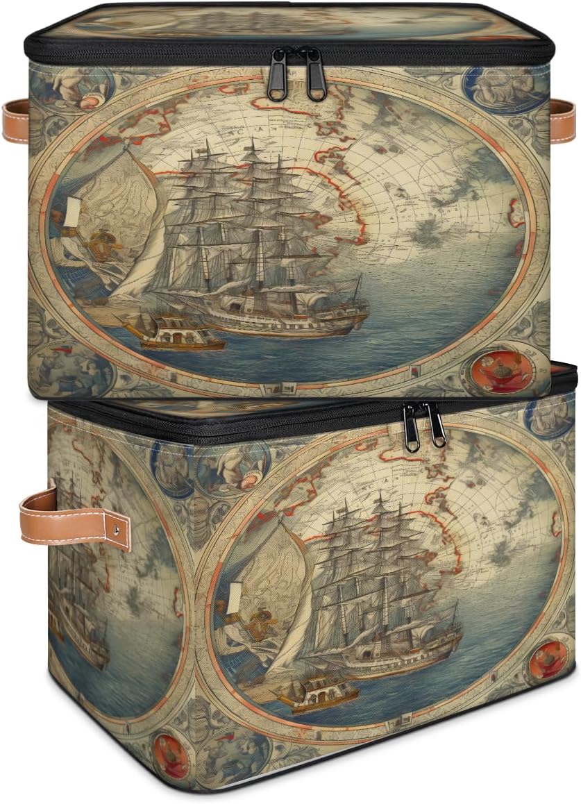 Storage Bin Set of 2 Nautical Compass Ship Storage Basket with Zipper Lid & Handle Foldable Closet Shelf 2 Pack Cloth Organizer Basket Cube Bins Clothes Organizer for Bedroom, Nursery