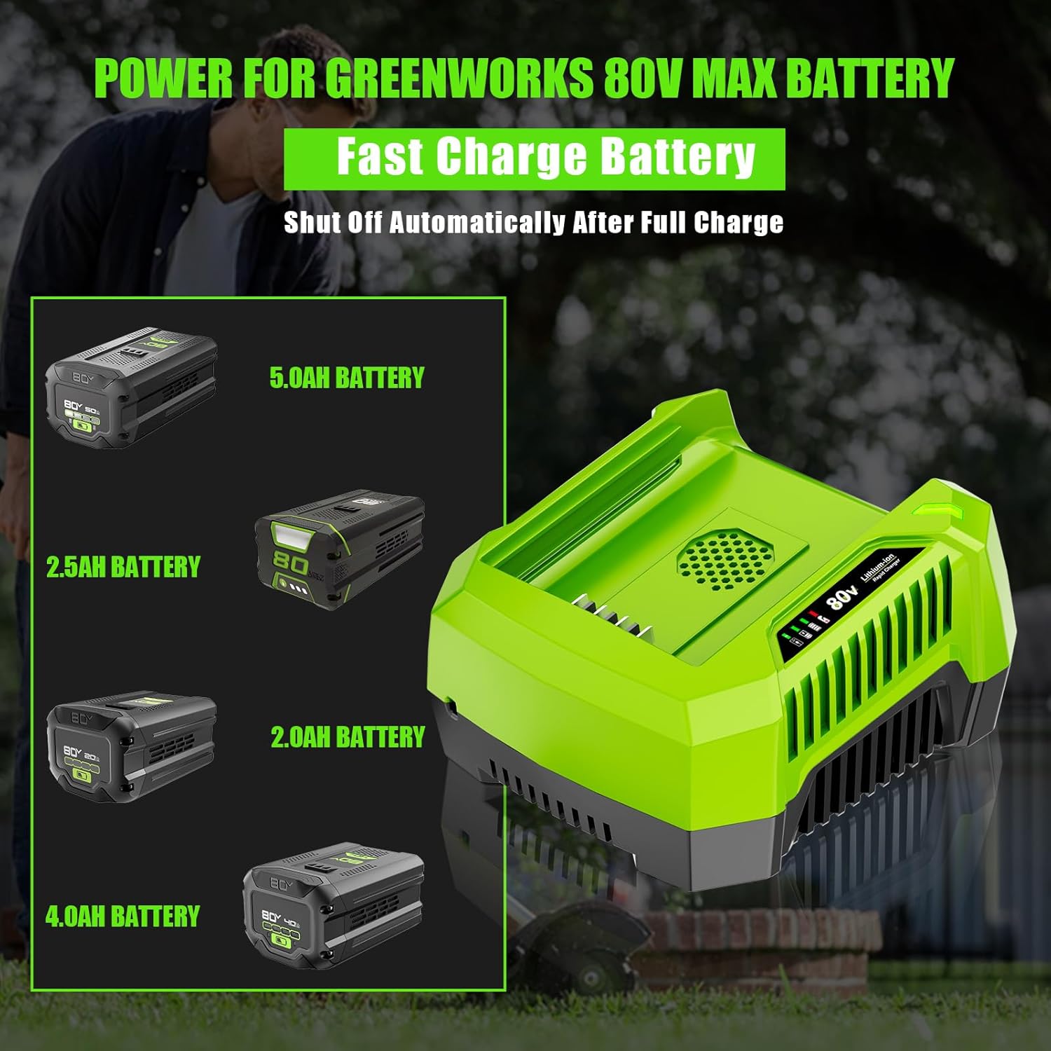 4.0A Replacement Rapid Charger for Greenworks 80V Battery Charger GCH8040 2958602AZ 2964602 GCH8020 2936802, Compatible with Greenworks Pro 80V Battery GBA80200 GBA80250 GBA80400 GBA80500