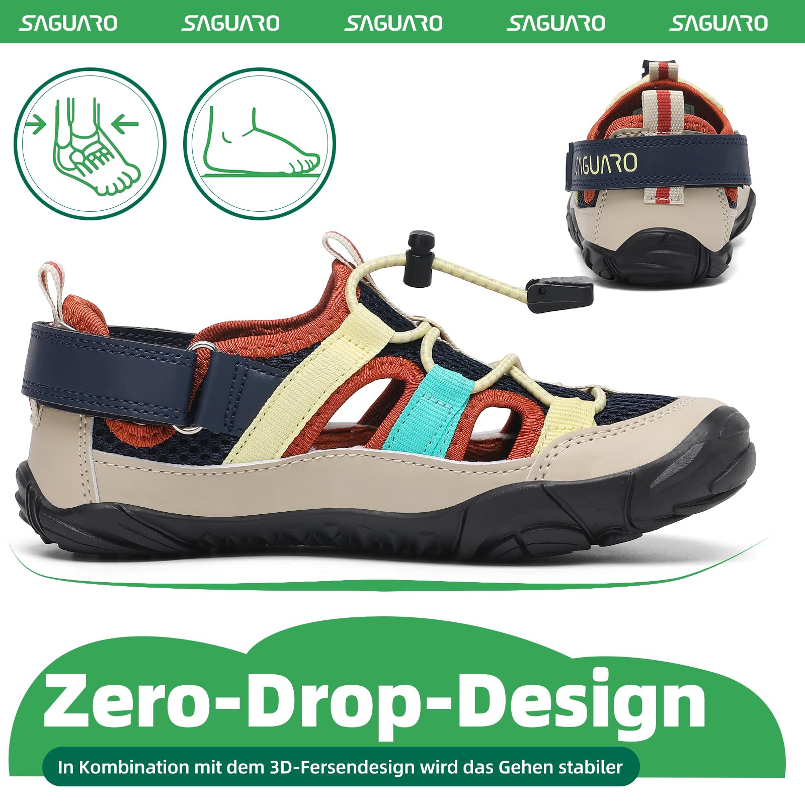 SAGUARO Kinder Geschlossene Sandalen Outdoor Rutschfest Trekkingsandalen mit Breiter Zehenbox und Zero-Drop Solhe,Gr.24-36