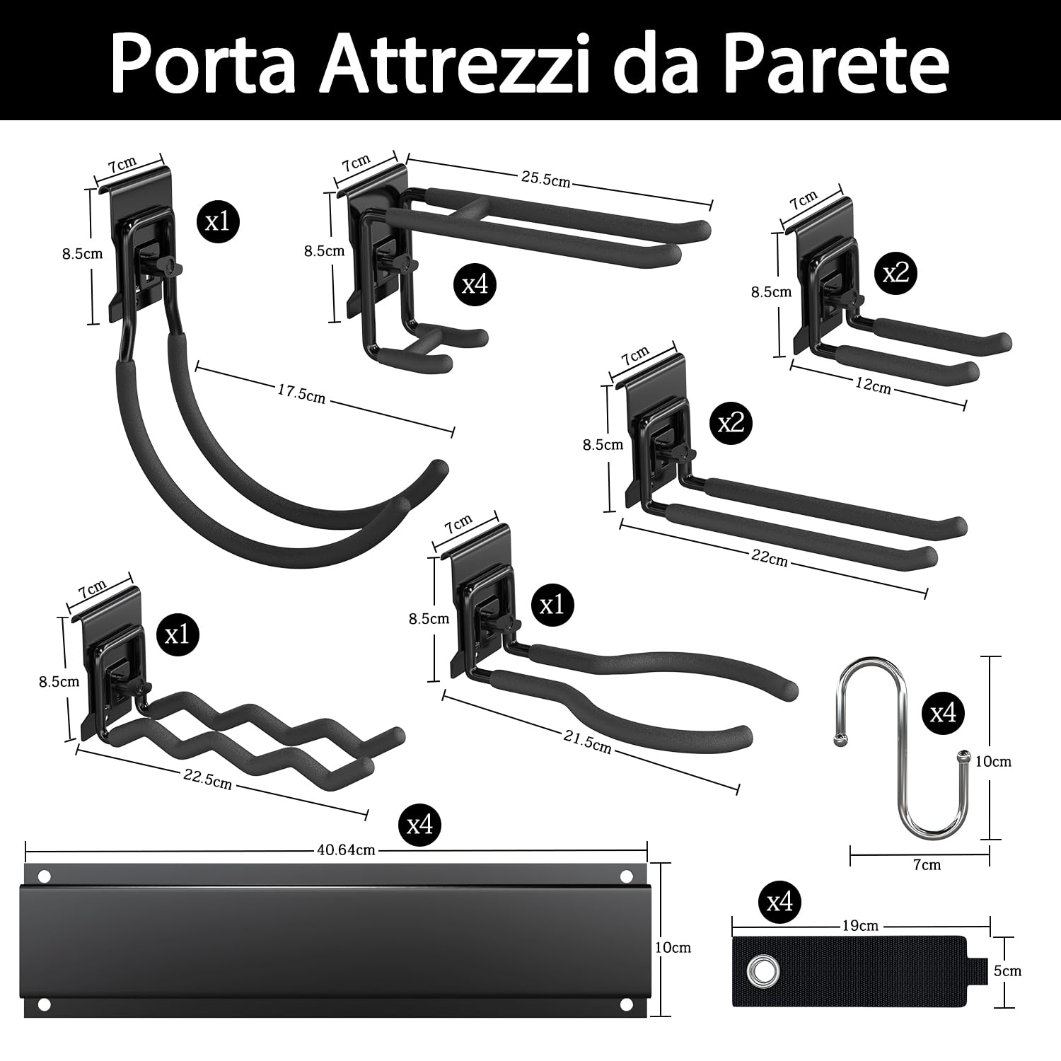 3-H Portautensili per garage, 160 cm, regolabili, 11 ganci da parete per garage e 4 ganci a S, per attrezzi da giardino, per cantina, attrezzature da sci, scopa, rastrello, nero