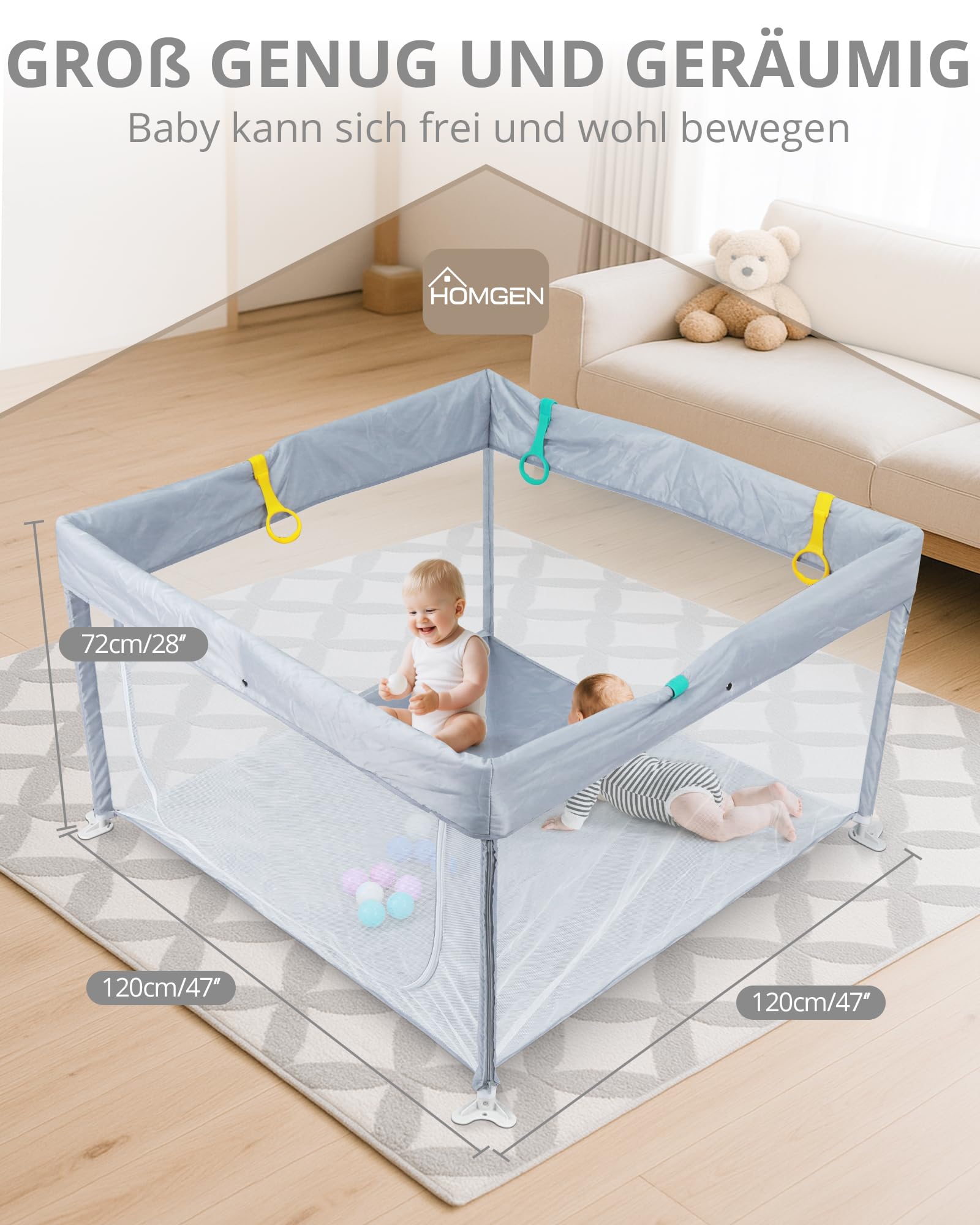 HOMGEN Laufstall Baby 120x120cm Laufgitter Faltbar Klappbares Spielgitter Tragbar Playpen Kinderlaufstall mit Abnehmbarem & Waschbarem Stoff Tasche & Spielzeug 10 Bälle 4 Griffe Für Innen/Außen