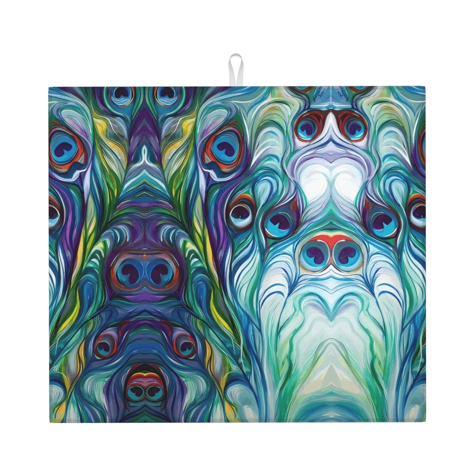 WHJSSF Peacock Feathers Prints Kitchen Drying Mat - Absorbent Dish Drying Throw with Colorful Prints, Quick-Dry Countertop Layer for Dishes & Appliances - Non-Slip & Foldable