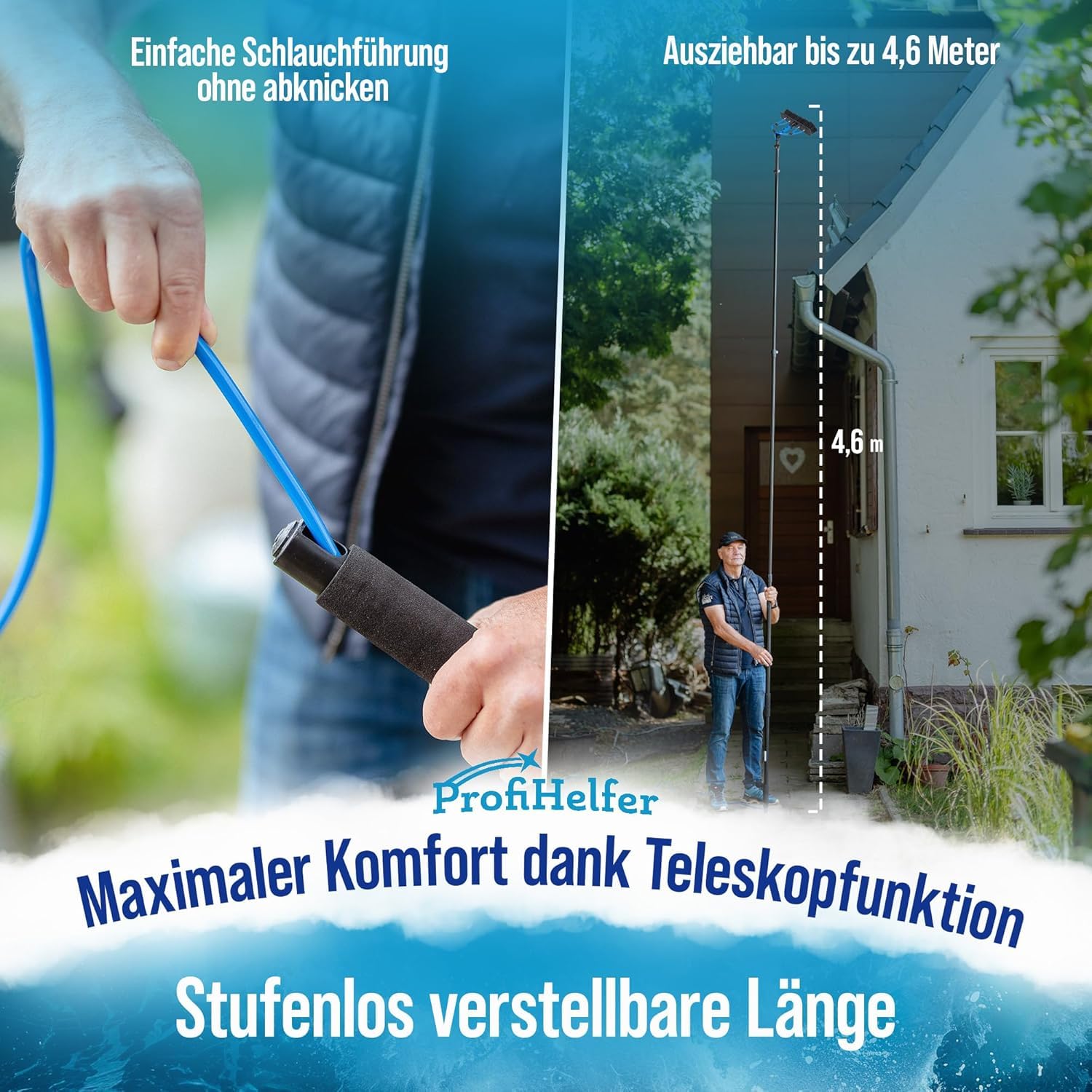 4,6m Teleskop Waschbürste - Teleskopstiel ausziehbar [4-in-1 10-TLG.] Reinigungsset Teleskopstange Fensterreinigung Wintergarten Wasseranschluss PV Anlage Reinigung
