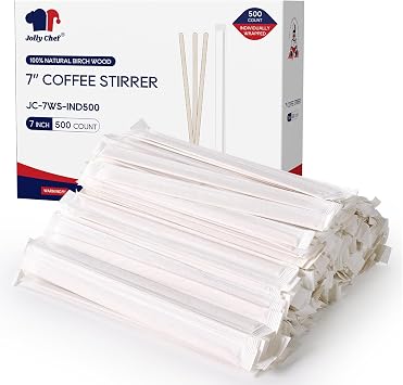 JOLLY CHEF 7 inch Wooden Coffee Stirrers 500 Count Individually Wrapped Stir Sticks Birch Stirring Sticks for Cafe, Bar