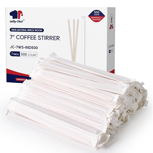 JOLLY CHEF 7 inch Wooden Coffee Stirrers 500 Count | Individually Wrapped Stir Sticks Birch Stirring Sticks for Cafe, Bar