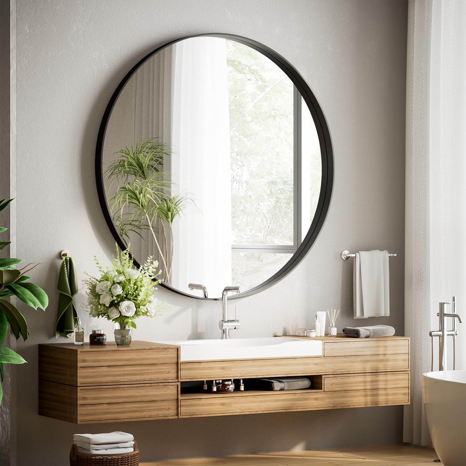 Koonmi runder Wandspiegel 120 cm, tiefer Metallrahmen, Schwarz | Badspiegel mit gebürstetem Rahmen für Badezimmer, Wohnzimmer und Eingangsbereich, markantes Tiefenprofil