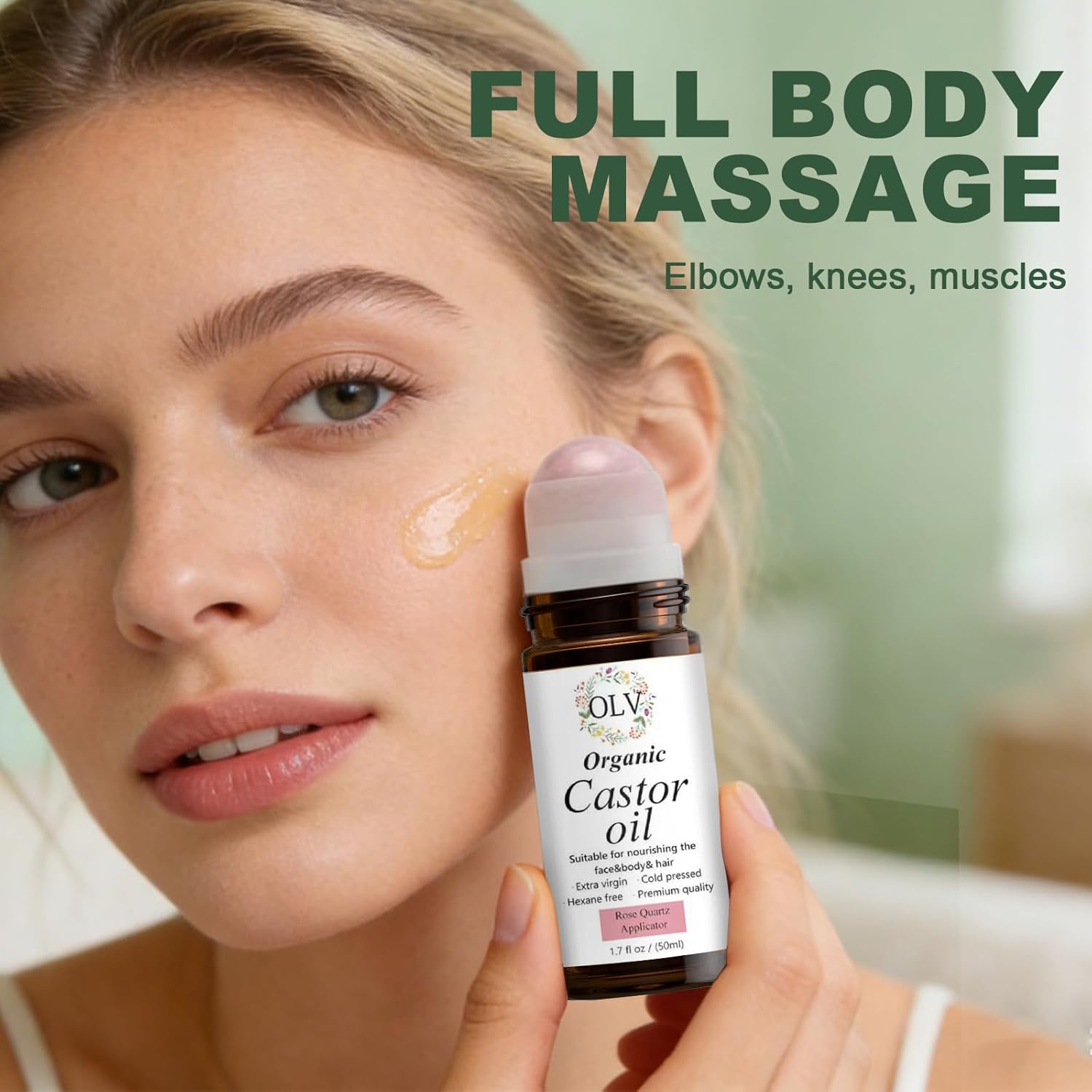 Organic Castor Oil with Rose Quartz Roller, 100% Pure Cold-Pressed Hexane-Free Unrefined, Reduces Fine Lines & Deeply Hydrates for Hair Growth, Eyelashes, Eyebrows & Firms Skin (50ML/1.7oz)