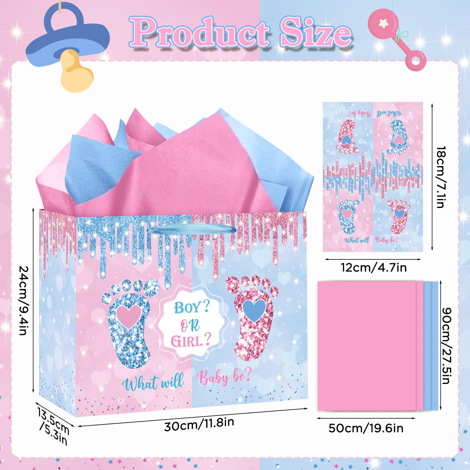 Gender Reveal Gift Bag Blue Pink Boy or Girl Paper Bag with Wrapping Paper Card What Will Baby Be Party Decoration Little Feet Treat Candy Bag for Baby Shower Gender Reveal Birthday Party Supplies