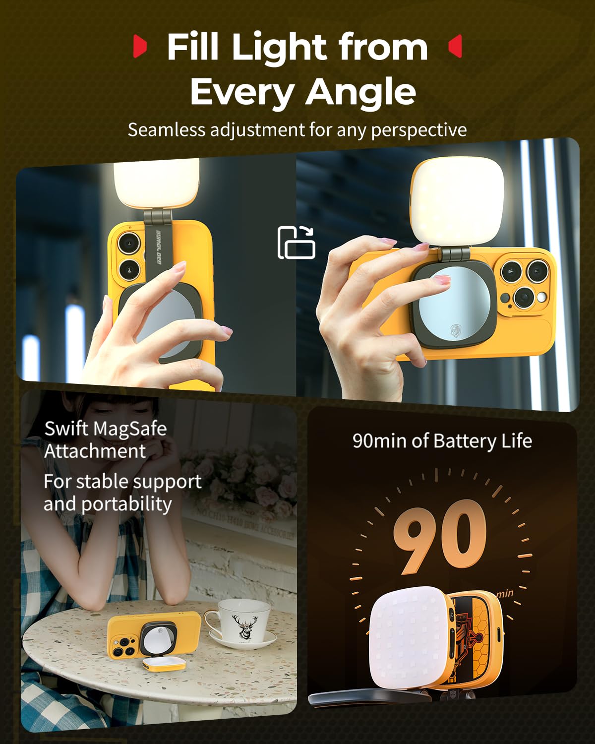 SMALLRIG Magnetyczna lampa do selfie do iPhone'a, lampa do telefonu z lusterkiem, natychmiastowe mocowanie do MagSafe, do selfie, wideokonferencji, Vibe P48 BumbleBee Edition - 5513