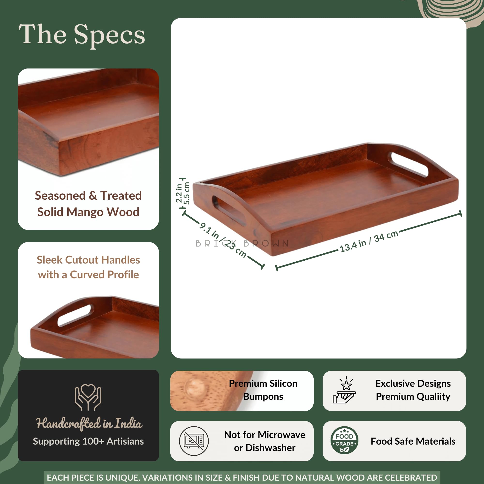 Brick Brown ® Bandeja de madera de alta calidad hecha a mano para servir | Bandeja de té para servir | Bandeja para mesa de comedor, acabado rectangular de caoba (juego de 2)