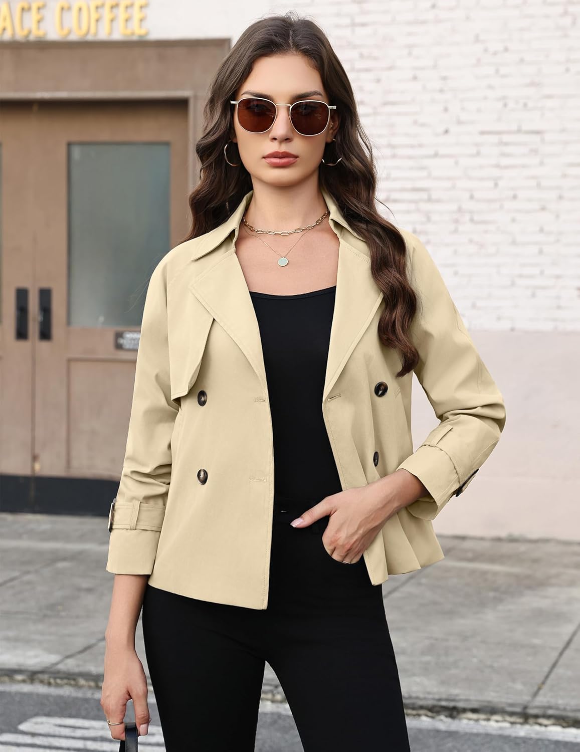 AGSEEM Womens Cropped Trench Coat Casual Double Breasted Long Sleeve Lapel Short Jackets with Pockets Fashion Outerwear 2026 - Image 2