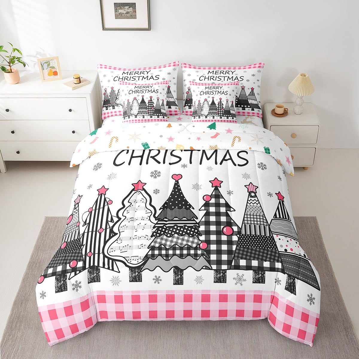 Pink Christmas Tree Bed in a Bag Queen Comforter Set 7 Piece, Buffalo Plaid Christmas Decorations Bedding Sets Cute Xmas Snowflake Comforter and Sheet Set, Geometric Grid Lattice Room Decor