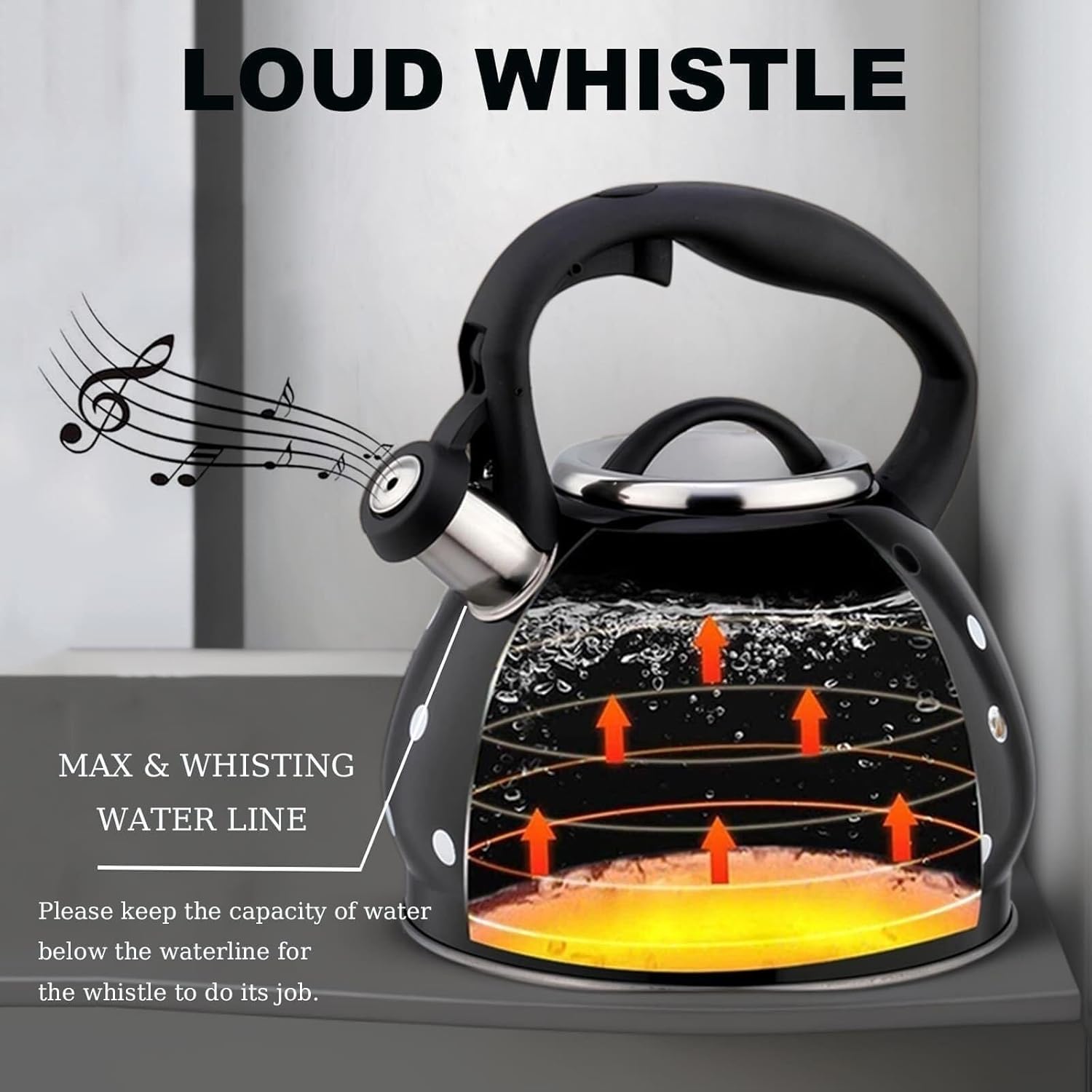 Polka Dot Tea Kettle Stovetop, 3.2 Quart Whistling Tea Pot, Classic Teapot, 304 Stainless Steel Teakettle with Cool Grip for Stovetop Black and White Tea Kettle