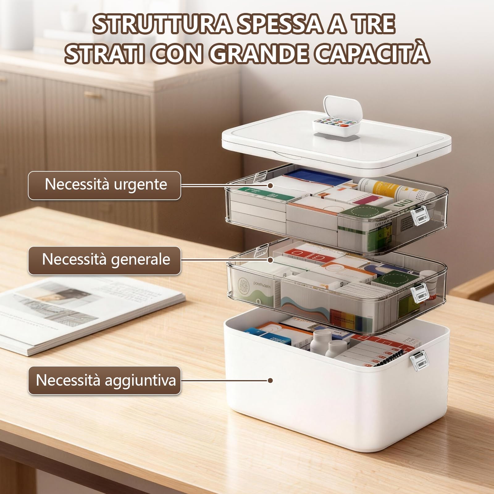 Scatola Portaoggetti per Medicinali a 3 Ripiani, Grande Scatola per Medicinali con Manico e Scomparti Rimovibili, Organizer per Famiglia, Ufficio, Scuola e Viaggi, Bianco