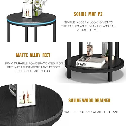 Miniatura 15 de NSdirect Juego de 2 mesas auxiliares redondas de madera rústica de 16 pulgadas con superficie superior y patas de metal resistentes para sala de