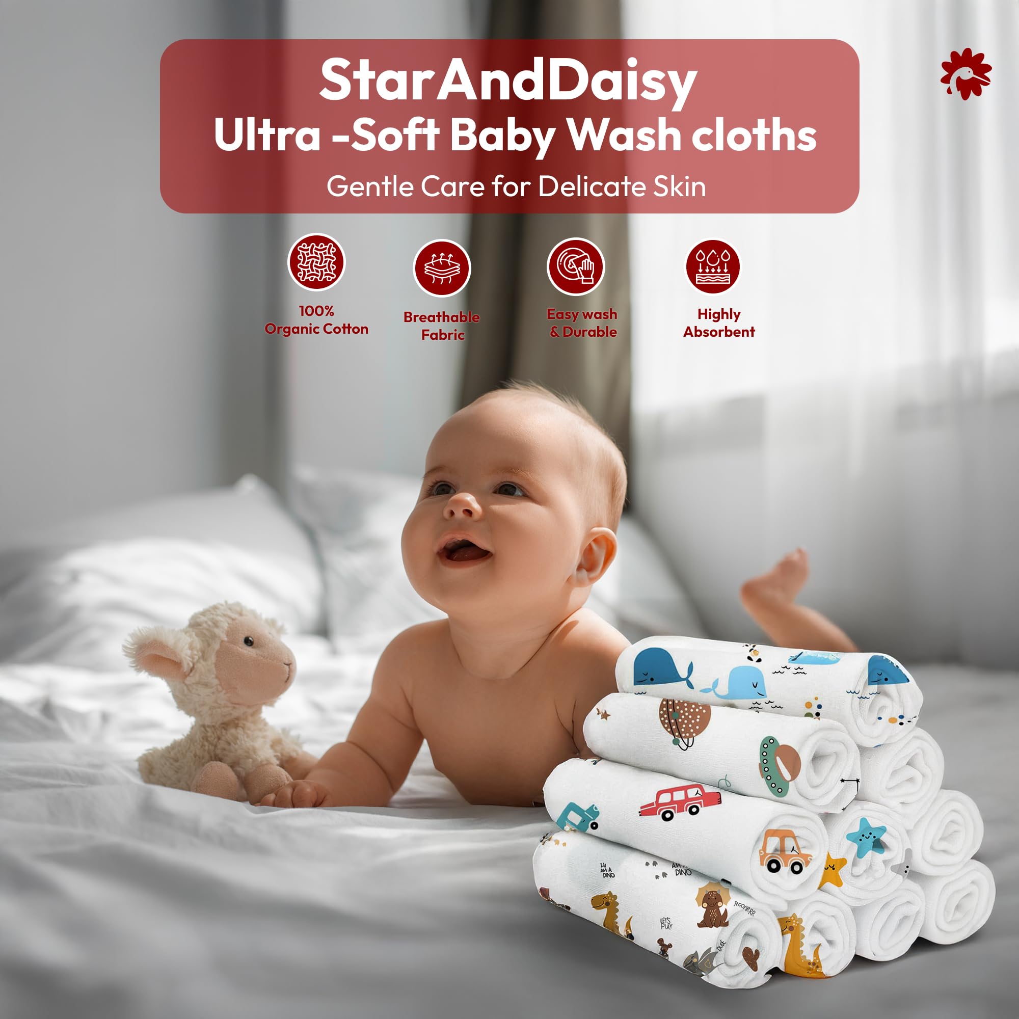 StarAndDaisy Muslin Face Hankies Pack of 6 Extra Soft, for Newborn Baby, for Infants, Toddlers, Kids, Reusable, 100% Pure Cotton Napkins, White, Printed. - Image 5 thumbnail