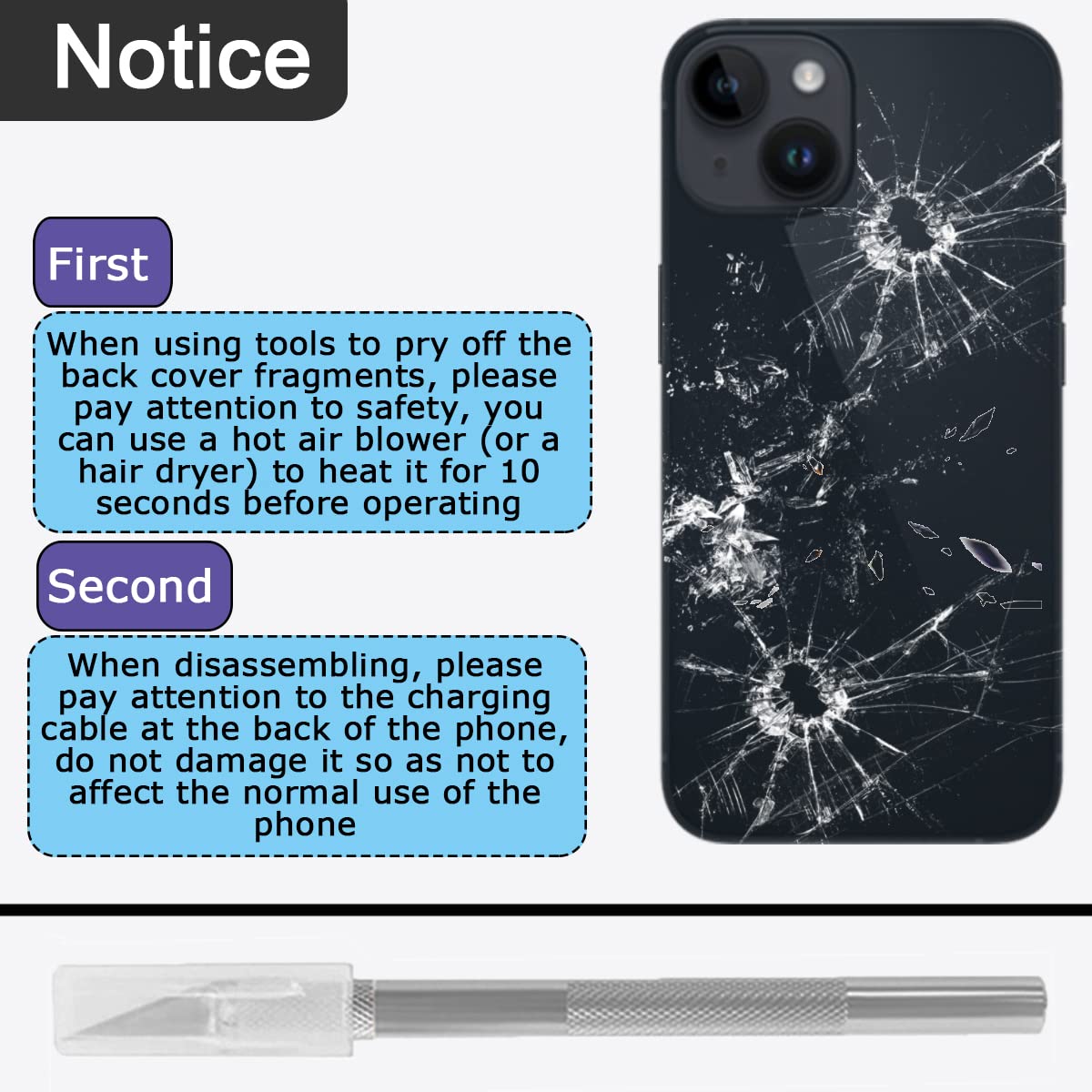 Remplacement de la Couverture arrière (sans Logo) pour iPhone 13, Trousse d'outils de réparation Professionnelle, éhérence et élastiques préinstallés (6,1 Pouces/Minuit)