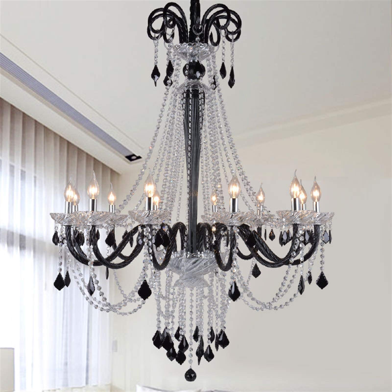 Daoke Chandelier, Modern Black Long Crystal Chandeliers Living Room Hall Hotel Lobby Chandelier with Horn Deer Lustre Art Deco Crystal Small (Color : with Lampshade, Size : 12 Lights)
