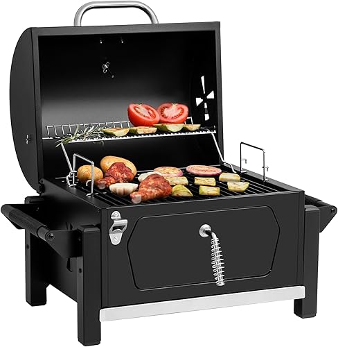 Miniatura 14 de Royal Gourmet CC1619 - Parrilla de carbón portátil de mesa, con tapa convertible a zona de parrilla, barbacoa compacta de barril para exteriores con