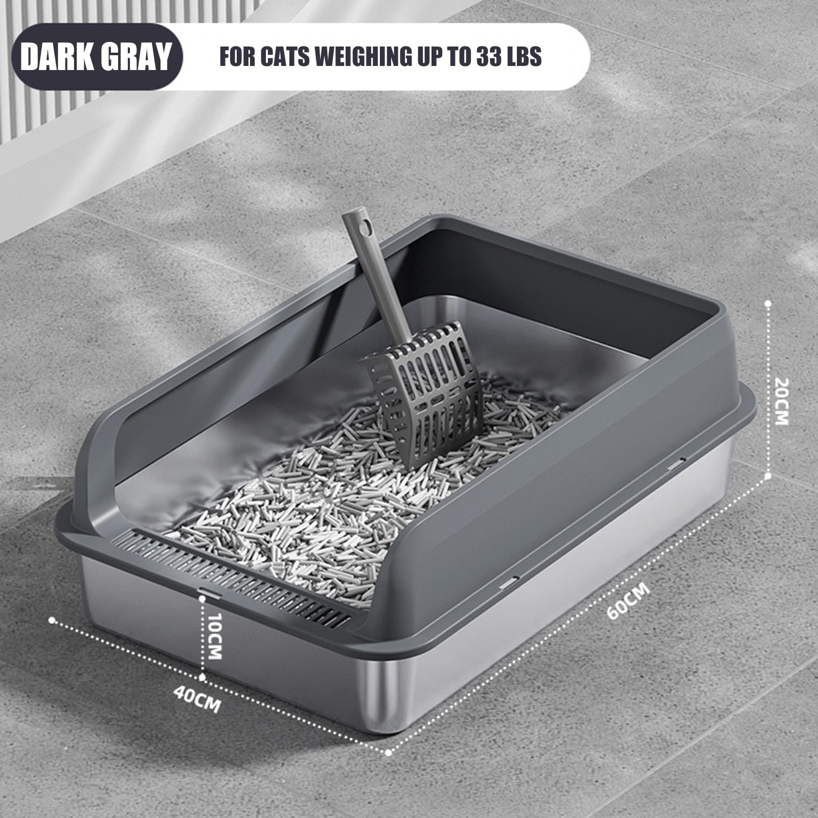 Bandeja sanitaria para gatos con laterales altos de acero inoxidable con tapa, bandeja sanitaria metálica cerrada para gatos grandes, bandeja sanitaria XXL extra grande Dark Gray,60*40*20CM