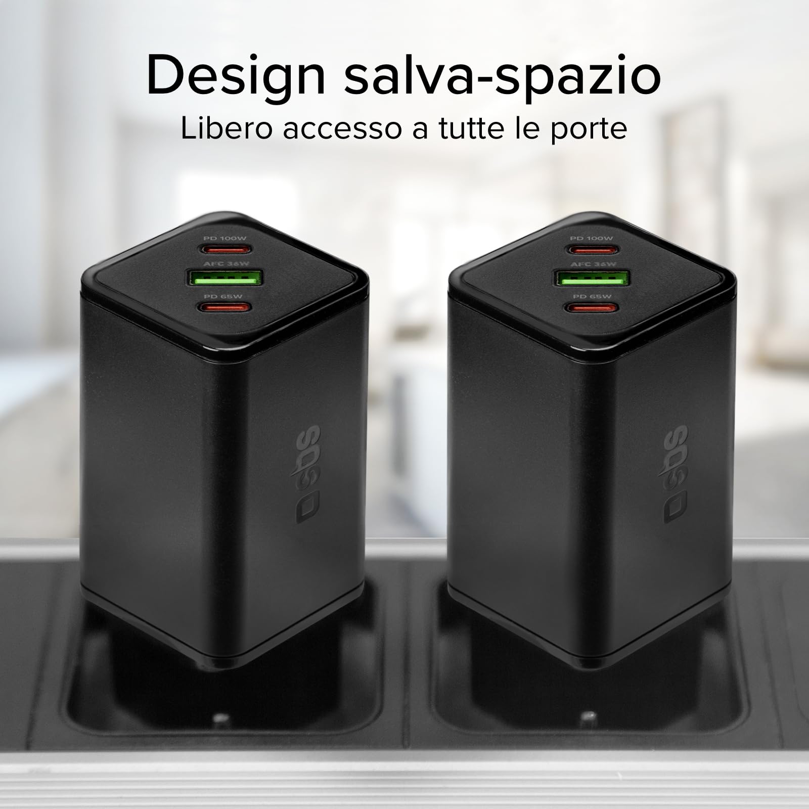 SBS Alimentatore Slim USB-C 100W, Tecnologia GaN, Power Delivery (PD), Ricarica Rapida, Adaptive Fast Charge (AFC), Caricatore iPhone, iPad, MacBook Air, Samsung, Tablet, Smartphone, Notebook, Nero