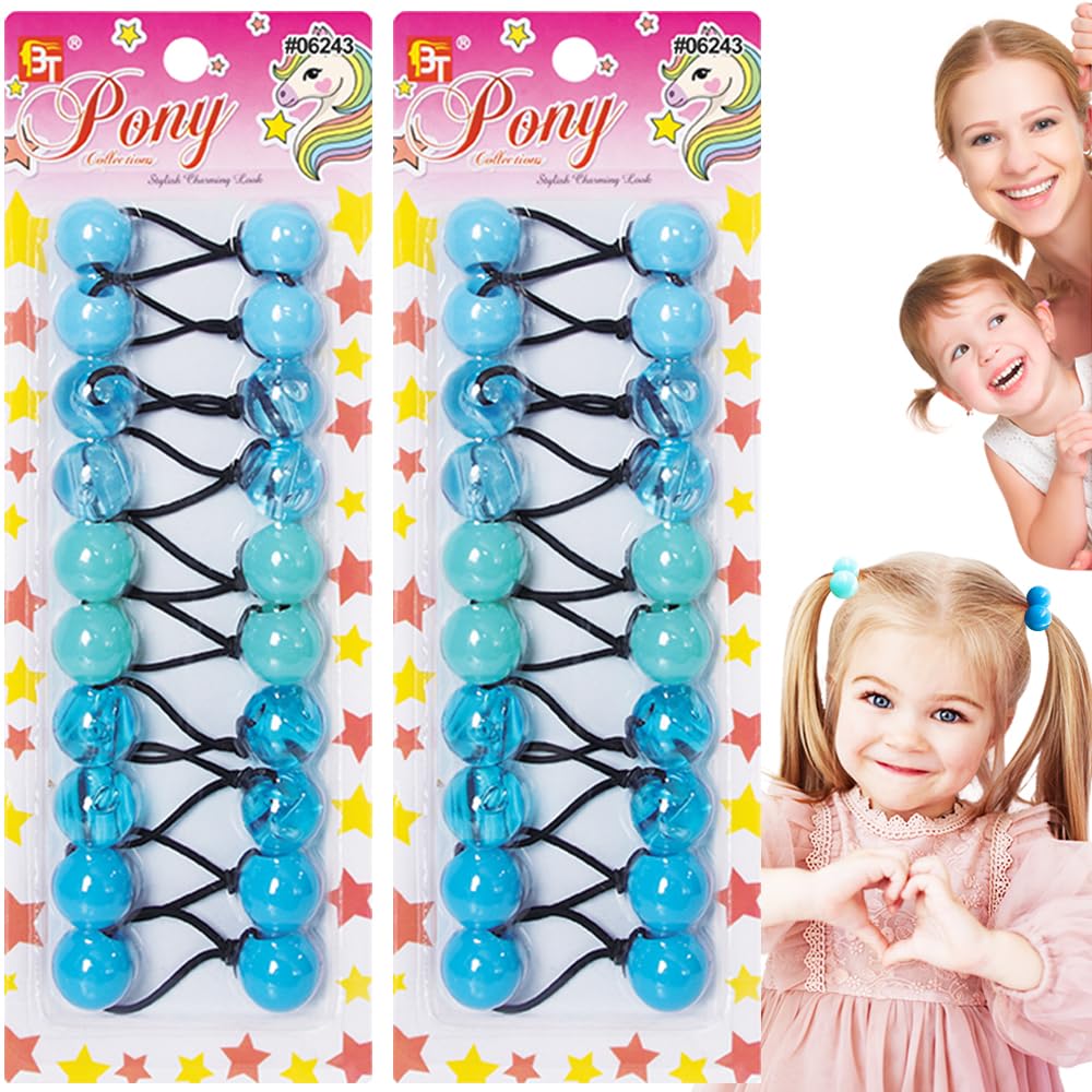 Beauty Town 20PCS Bubble Ponytail Holders – 20mm Twin Bead Hair Ties for Girls & Kids – Colorful Elastic Hair Accessories for Braids & Pigtails (Assorted Blue/Clear)
