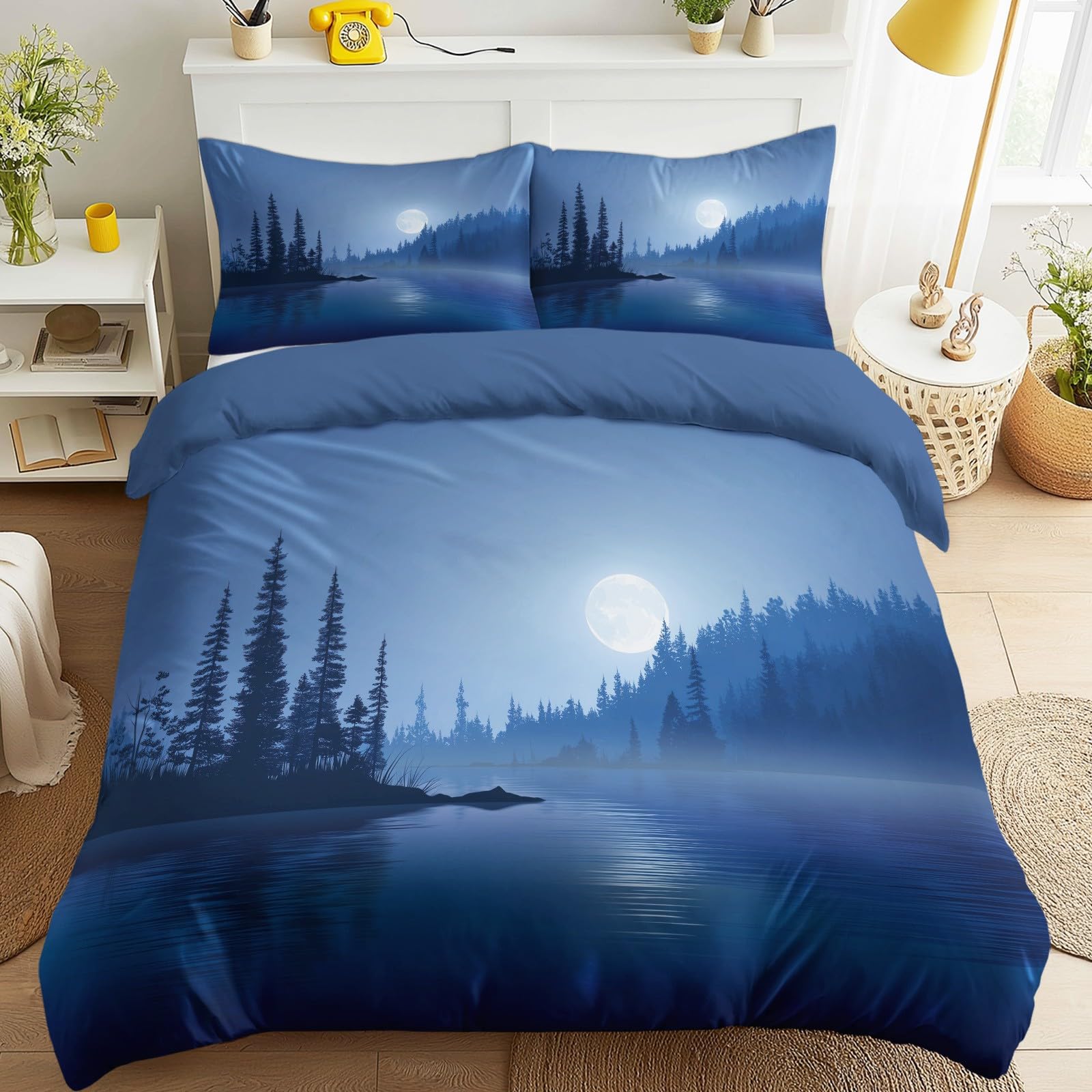 Set di biancheria da letto da 220 x 240 cm, meravigliosamente calmo, mistico, elegante, natura, paesaggio, lago e foresta, reversibile, in microfibra, traspirante, per bambini e adulti, con chiusura