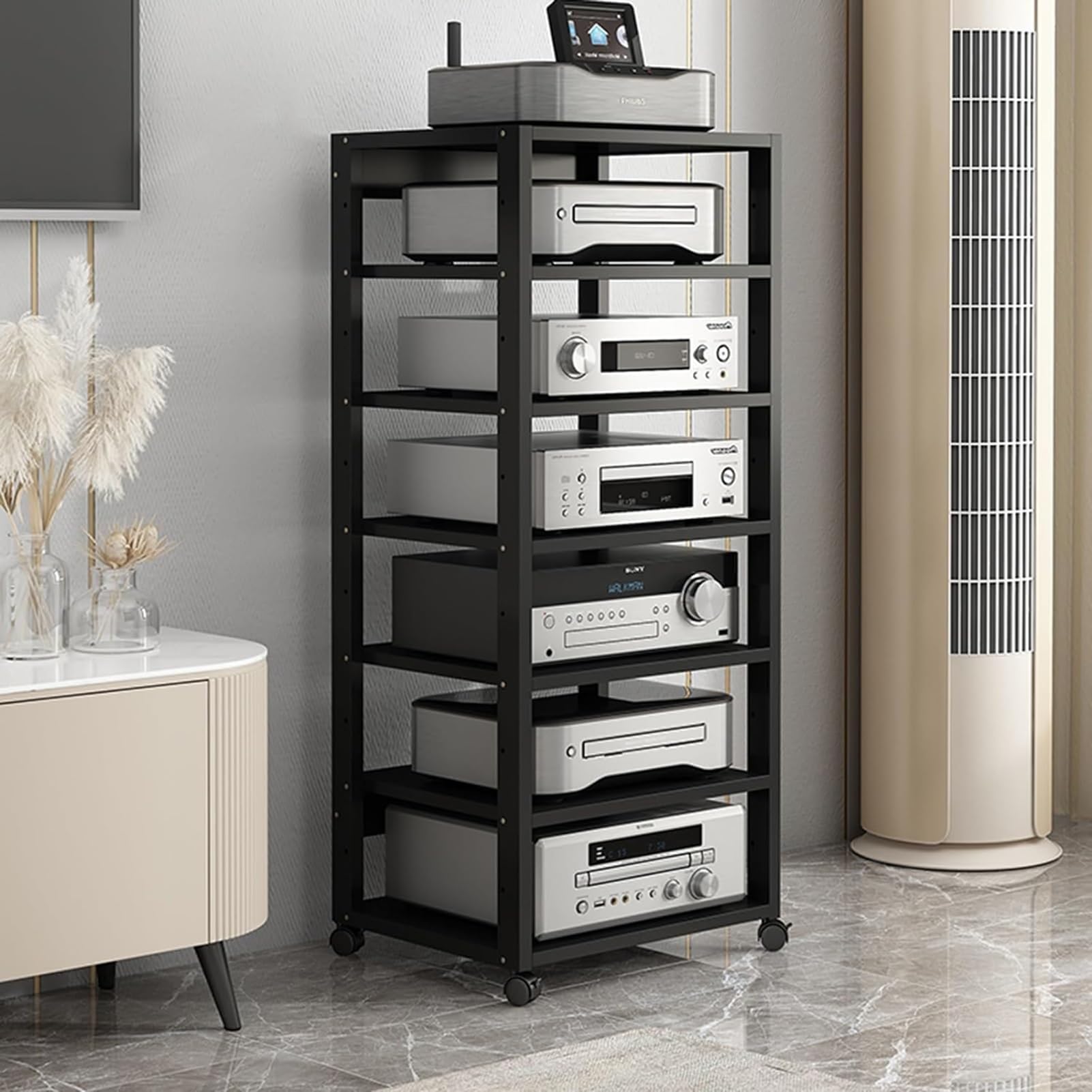 XingLi 5/6/7-Tier Movable AV Media Stand CD Player Stand Stereo Rack with Height Adjustable Wooden Shelves Open Storage Shelves for Home/Office/Audio Video/DJ/Theater (Color : A, Size : 7 Tier)