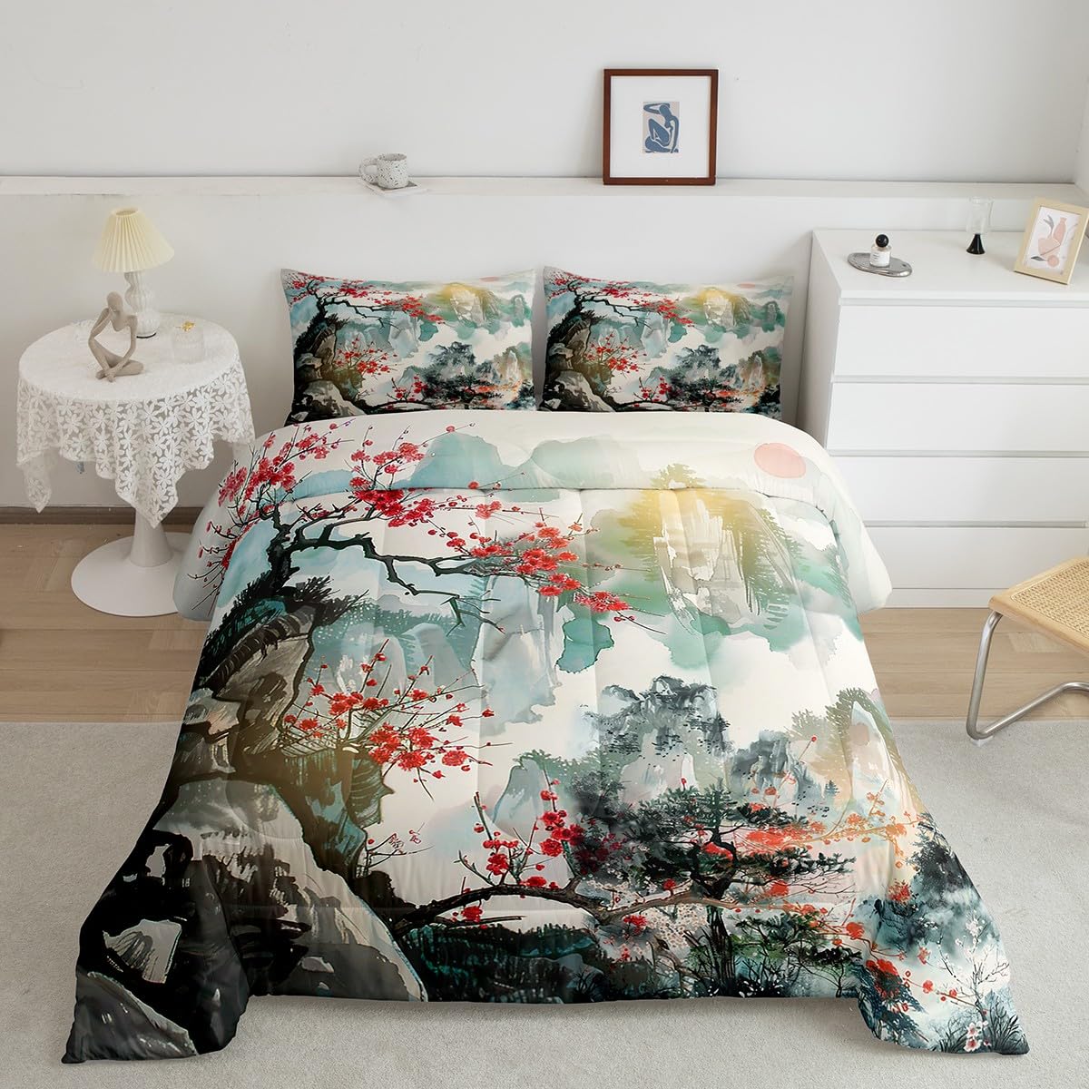 Feelyou Japanese Style Comforter Set Full Size Kids Cherry Blossoms Comforter for Boys Girls Teens Fuji Mountain Decor Home Decor Bedding Set Red Sun Ink Painting Down Duvet Set