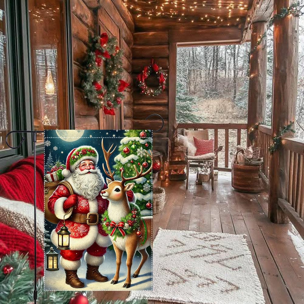 Christmas Santa and Reindeer Garden Flag 12x18 Inch Double Sided Burlap Holiday Yard Banner for Outdoor Lawn Porch Patio Winter Seasonal Decoration Christmas Tree - Image 5